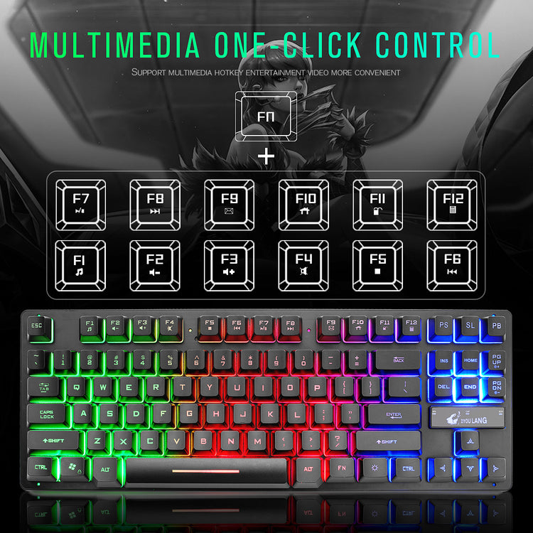 Electronic Games Mechanical Keyboard Notebook Keyboard featuring multimedia one-click control with colorful backlit keys.